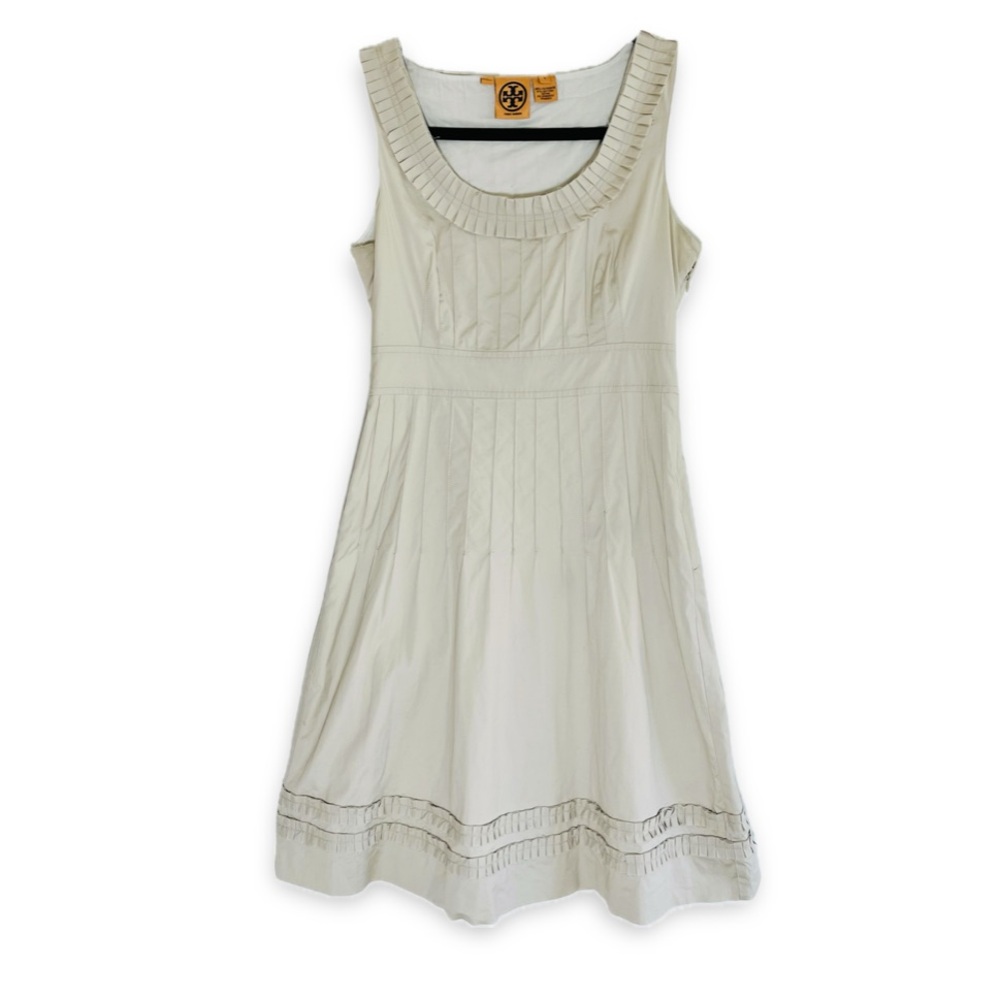 Tory Burch Taupe Fit & Flare Pintuck Mini Dress Scoop Neck Cotton Raw Edge Sz 4